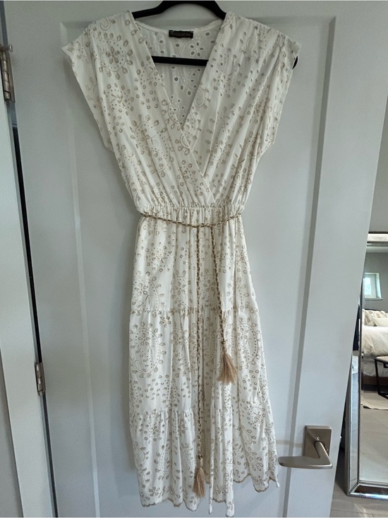 Dresses & Skirts - Embroidered Cream Maxi Dress with Tassel Waist